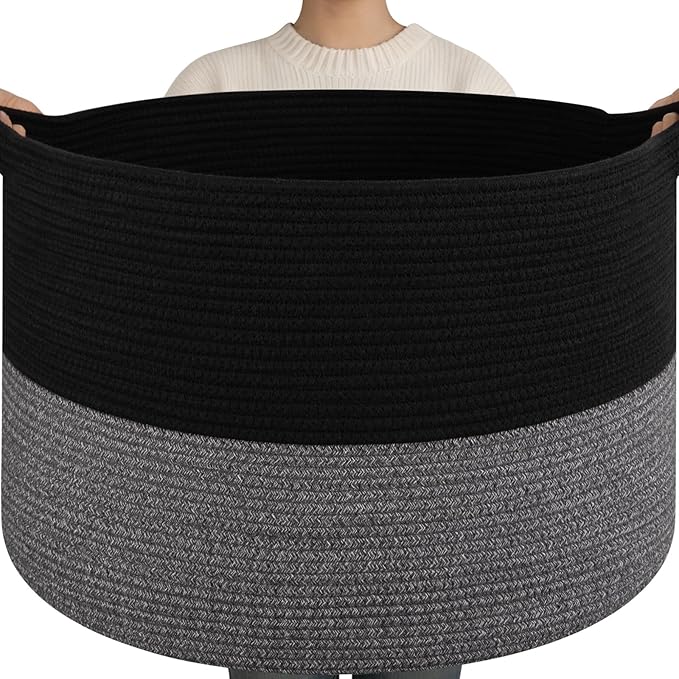 OIAHOMY 115L Extra Large Blanket Basket, 23.6" x 15.4" Woven Cotton Rope Laundry Basket for Organizing Pillows, Decorative Stuffed Animal Toy Storage Bin for Nursery, Black and Grey
