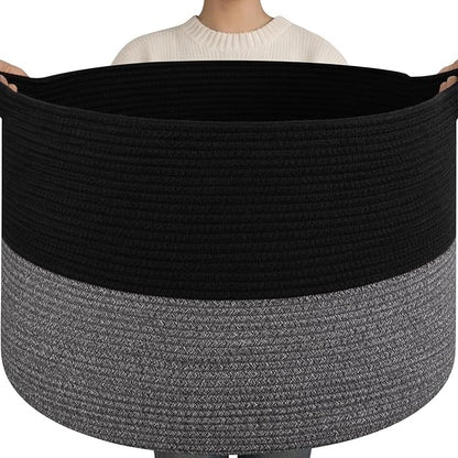 OIAHOMY 115L Extra Large Blanket Basket, 23.6" x 15.4" Woven Cotton Rope Laundry Basket for Organizing Pillows, Decorative Stuffed Animal Toy Storage Bin for Nursery, Black and Grey