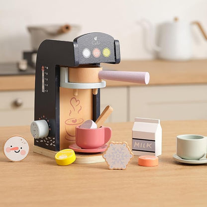 PairPear Kids Coffee Maker Wooden Kitchen Playset, Wooden Toys Play Coffee Maker Set with Play Food for Kids, Toddler Play Kitchen Accessories Gift for Girls and Boys 3+