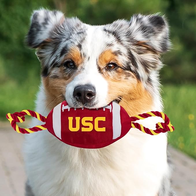 Pets First USC Football Dog Toy, Tough Quality Nylon Materials, Strong Pull Ropes, Inner Squeaker, Collegiate Team Color