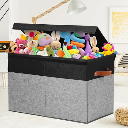 Gowee Large Toy Storage Box with Lid, Sturdy Toys Storage Chest Bin Organizer Basket with Dividers for Kids, Boys, Girls, Nursery, Closet, Bedroom, Playroom 25"x13" x16" (Black and Grey)