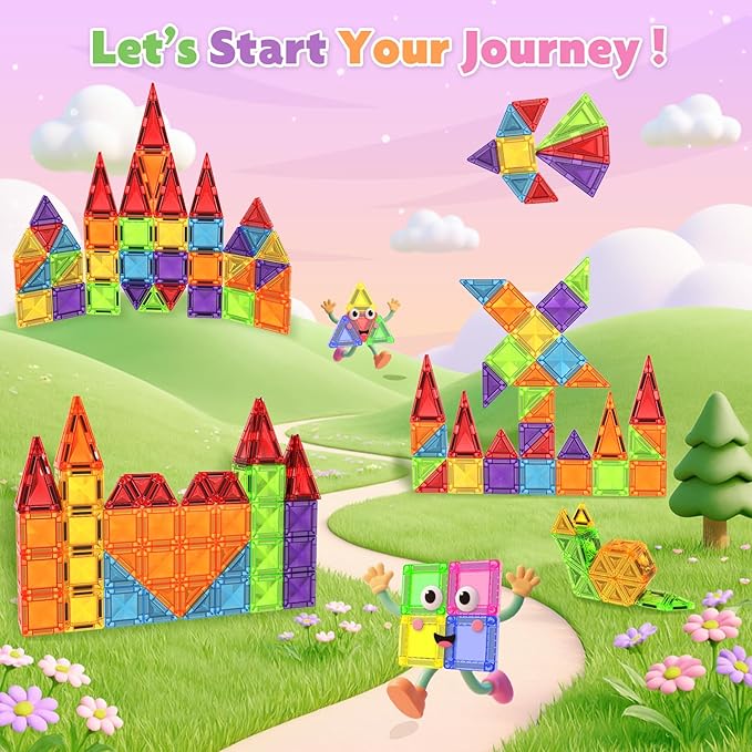 Mini Magnetic Tiles - 56 PCS Travel Magnetic Tiles with Tin, Micro Magnet Travel Toy for Kids Ages 3 4-8, STEM Educational Building Set Construction Toys, Boys Girls Toddlers Birthdays Gifts