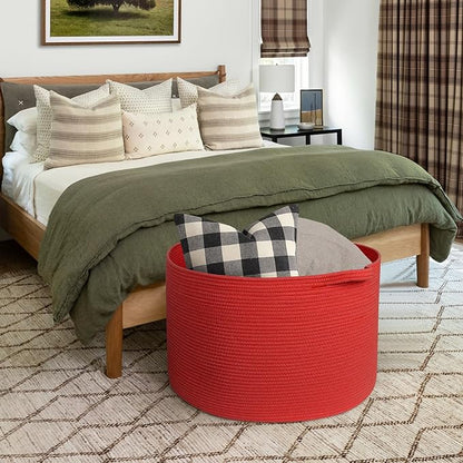 MEGASKET 115L Extra Large Red Basket for Organizing, 23.6"x15.7" Jumbo Woven Cotton Rope Bins for Blankets, Baby Nursery Laundry Basket, Kids Dog Toy Storage Box, Huge Red Living Room Decor Organizer