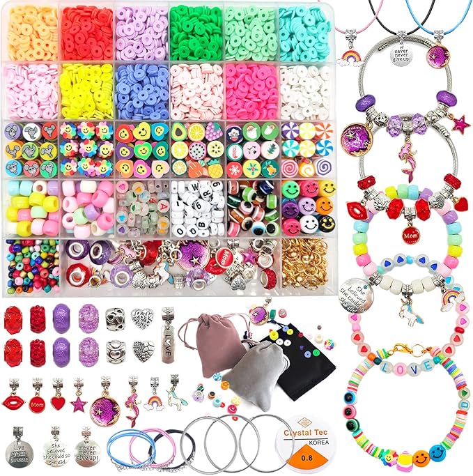 leitait Assorted Beads Bracelet Making Kit, 3000Pcs Flat Clay Beads Jewelry Making Kits, Christmas Birthday Gifts Toys for Girls Age 8-12