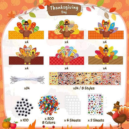 24 Set Thanksgiving Turkey Arts Crafts Kits DIY Thanksgiving Craft Headband Turkey Paper Hat with Pumpkin Fall Leaf Turkey Stickers Gems Eyes Sheets for Thankful Activities Crafts Supplies