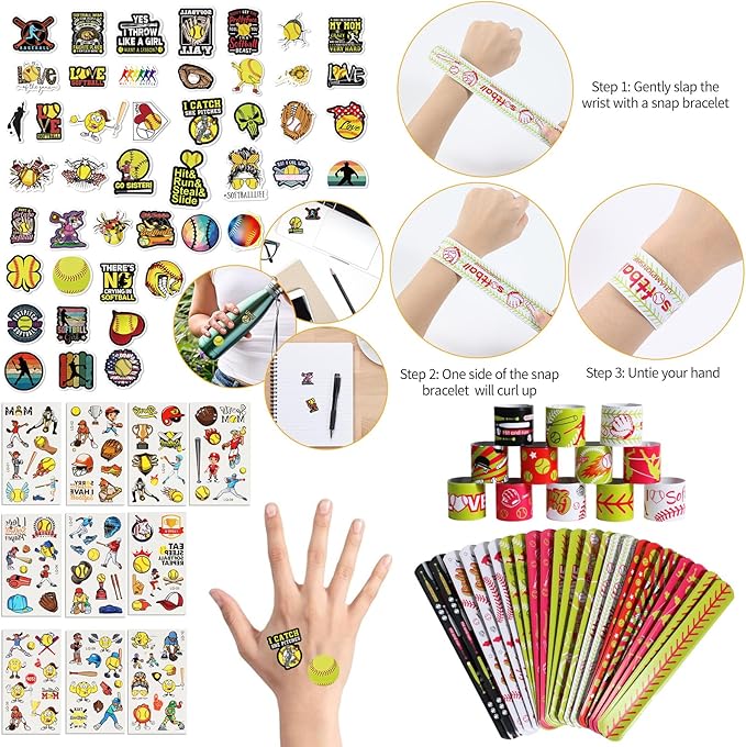 295 Pieces Softball Party Favors Supplies Set Bulk Mini Softball Slap Bracelet Tattoo Sticker Keychain Adjustable Bracelet Goodie Bag Fillers for Sports Softball Party Gifts Bags (Softball)