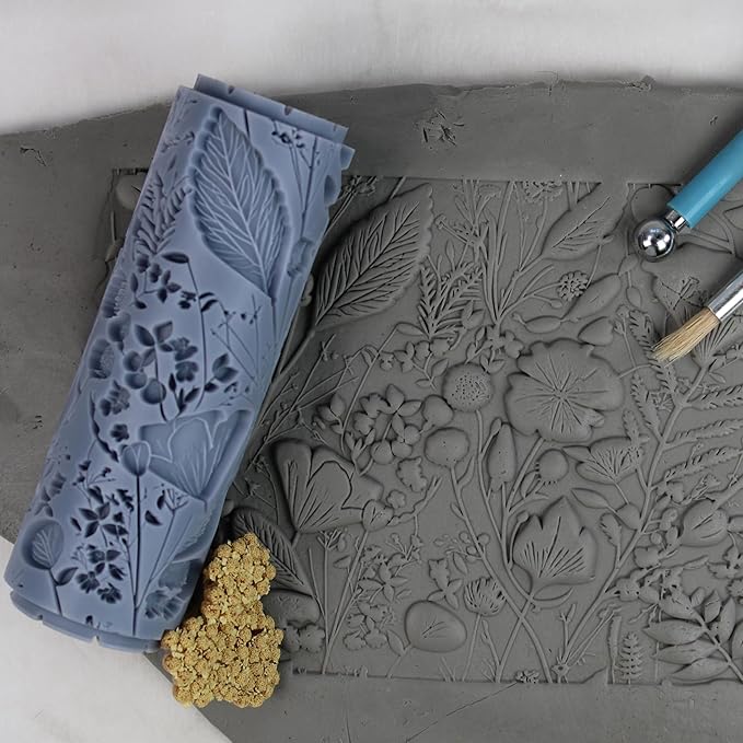 Midnight Wildflower Tangle Clay Texture Roller (4") - Seamless Meadow Set #01 - Embossing Pattern Roller for Polymer & Ceramic Clay, Pottery & Crafts