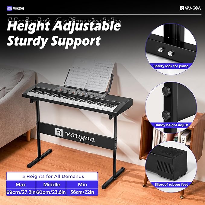 Vangoa 61 Key Keyboard Piano, Light-Up Electric Piano Keyboard Kit with 600 Voices, 400 Rhythms with Piano Stand, Microphone, Recording/USB, Gift for Beginners, Black (VGK6101)