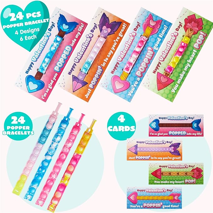 JOYIN 28 Packs Valentine's Day Cards with Pop Fidget Bracelet Pop Bubble Fidget Toy Bracelet Wristband Stress Relief Finger Press Toy for Kids Valentine's Classroom Exchange Prizes Party Favors