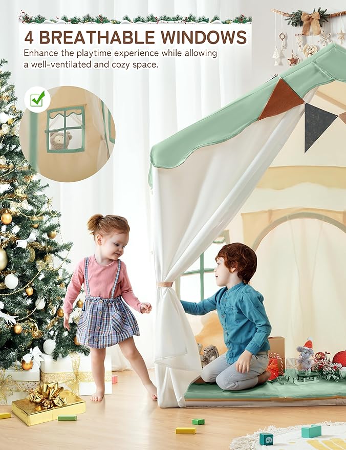 besrey Kids Tent, Kids Play Tent 2 in 1 with Padded Mat and Lights, Large Playhouse with 2 Doors & 4 Windows, Indoor & Outdoor, Christmas Toddler Playhouse, 51" x35" x 51" (Green)