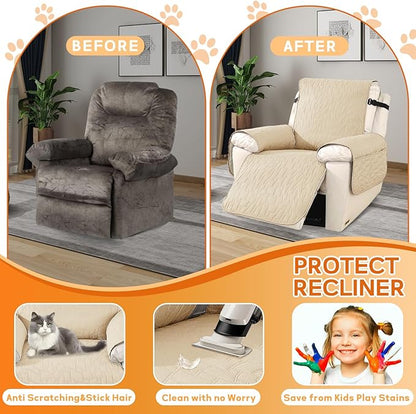 XINEAGE 100% Waterproof Recliner Chair Covers with Elastic Straps, Nonslip Reclining Couch Covers Washable Recliner Couch Cover with Pockets Furniture Protector for Pets Dogs (Beige, 25")
