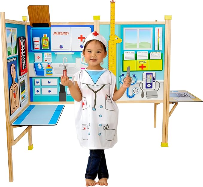 Large Kids Pretend Play Set for Toddlers Ages 3+ Years –Wooden Toy Playset Folds Away for Easy Storage with 20 Fun & Interactive Pieces (Doctor's Office)