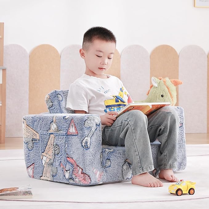 Tiita Kids Chair Couch, Folding Toddler Comfy Sofa Chairs, 2-in-1 Kids Plush Sofa Fold Out, Baby Armrest Chair Sofa to Lounger, Convertible Play Sofas to Bed for Girl or Boy, Vehicles