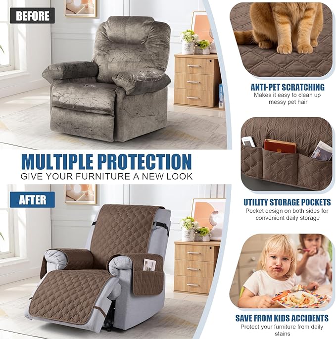 TAOCOCO 100% Waterproof Recliner Covers, Recliner Sofa Covers with Leg Straps, Reversible Recliner Couch Cover for Reclining Chair, Washable Couch Protector for Pets Kids(1 Seater 22", Brown)