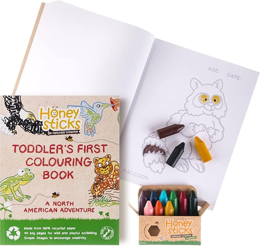 Honeysticks 100% Pure Beeswax Crayons Natural, Non Toxic, Safe for Toddlers, Kids and Children, Handmade in New Zealand, For 1 Year Plus (12 Pack with Book) Best Gift