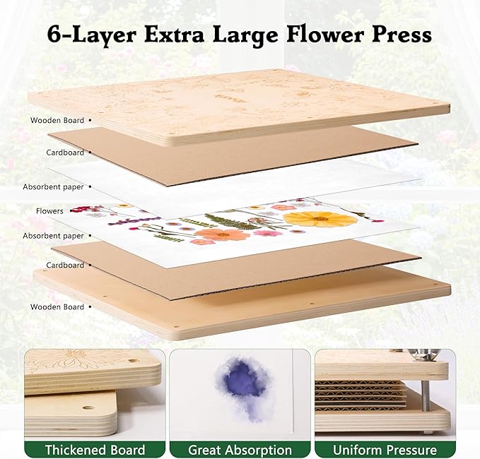 Aboofx Extra Large Flower Press Kit for Adults, 15"x 15" 6 Layers Wooden Flowers Pressing for DIY Easter Theme Pressed Flowers Art, Big Flower Preservation Kit for Frame Bookmark Resin Craft Projects