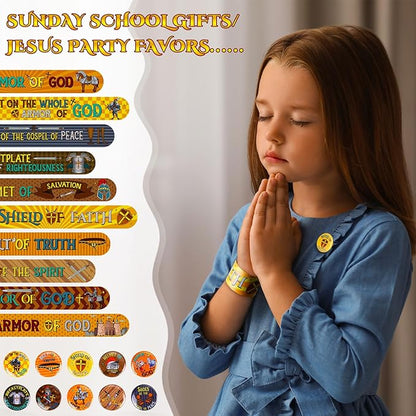 Frienda 60 Pieces Religious Knight Slap Bracelets with Button Pins Medieval Theme Wristbands Snap Bracelets Christian Pinback Buttons for Kids Christian Party Favors Sunday School Gifts