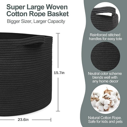 MEGASKET 115L Super Large Black Blanket Basket, 23.6"x15.7" Woven Rope Bin for Storage, Oversized Kids Dog Toy Storage Box Bins, XXXL Blanket Holder for Living Room, Jumbo Wicker Basket for Organizing