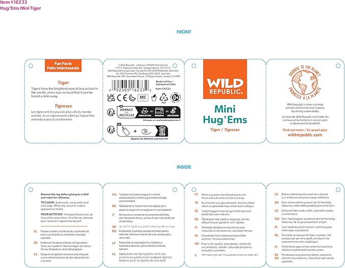 Wild Republic Tiger Plush, Stuffed Animal, Plush Toy, Gifts for Kids, Hug’Ems 7"