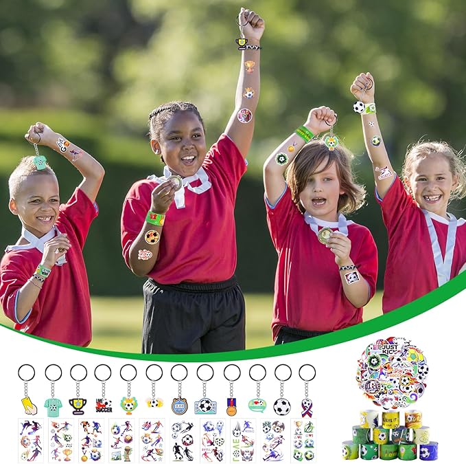 132Pcs Soccer Party Favors,12Pcs Soccer Drawstring Bags,12Pcs 2.4 Inch Mini Soccer with Soccer Keychains Stickers Bracelet Whistle Slap Bracelets Tattoo Stickers for Soccer Party Decorations Supplies