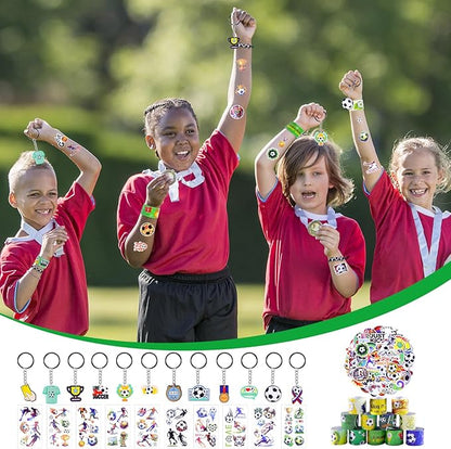 132Pcs Soccer Party Favors,12Pcs Soccer Drawstring Bags,12Pcs 2.4 Inch Mini Soccer with Soccer Keychains Stickers Bracelet Whistle Slap Bracelets Tattoo Stickers for Soccer Party Decorations Supplies