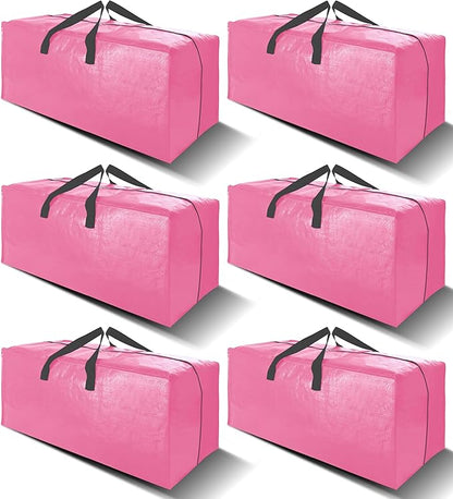 VELVETSURE 6 Pack Heavy Duty Large Moving Bags W/Backpack Straps - Strong Handles & Zippers, Storage Totes For Space Saving, Fold Flat, Alternative to Moving Box and Storage Bin, Pink