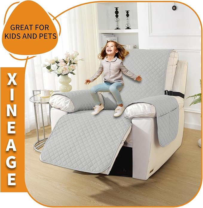 XINEAGE Water Resistant Recliner Cover, Nonslip Recliner Chair Covers for Reclining Chair with Pockets, Quilted Thick Recliner Slipcovers for Pets and Kids (Recliner Chair, Light Gray)