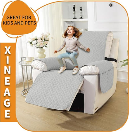 XINEAGE Water Resistant Recliner Cover, Nonslip Recliner Chair Covers for Reclining Chair with Pockets, Quilted Thick Recliner Slipcovers for Pets and Kids (Recliner Chair, Light Gray)