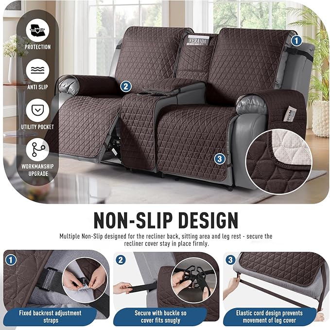 TAOCOCO 100% Waterproof Recliner Cover -Loveseat Recliner Cover with Center Console,Non-Slip Reclining Couch Covers for 2 Seat,with Elastic Straps Pocket for Kids, Dogs(Chocolate, 2 Seater XL)