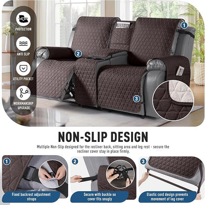 TAOCOCO 100% Waterproof Recliner Cover -Loveseat Recliner Cover with Center Console,Non-Slip Reclining Couch Covers for 2 Seat,with Elastic Straps Pocket for Kids, Dogs(Chocolate, 2 Seater XL)