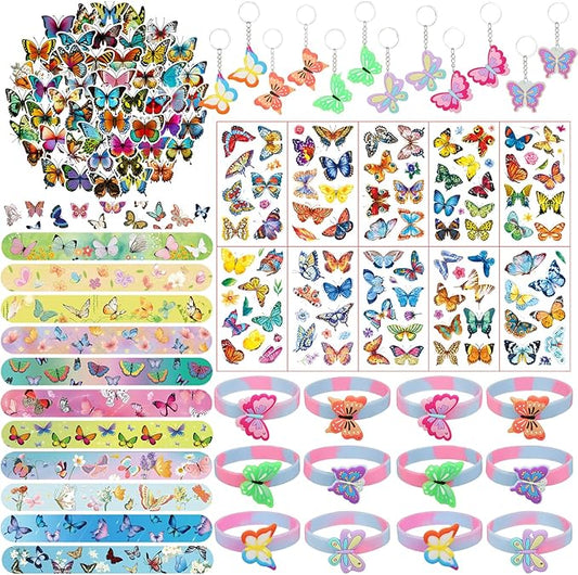 96 Pcs Butterfly Party Favors for Girls Fairy Birthday Party Supplies with Butterfly Silicone Bracelets, Slap Wristbands, Keychains, Tattoos Stickers and Stickers for Kids Decoration Gifts