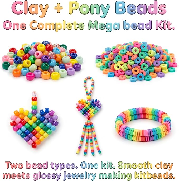 Jewelry Making Bead Kit, 6000 PCS Polymer Clay & Pony Beads, 24 Colors, 4 Letter Bead Styles, More Charms, Organizer Box, Bracelet Kit, Gift for Friends