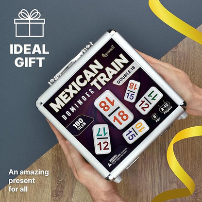 Queensell Mexican Train Dominoes Set with Numbers - Double 18 Dominos Set for Adults and Kids - Mexican Dominoes Train Game Night Games for Adults with Wooden Hub and Aluminum Case