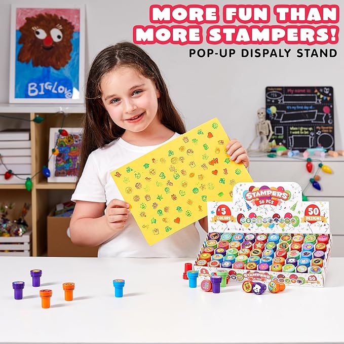 JOYIN 50 Pcs Assorted Stamps for Kids - Self-Ink Stamps with 50 Designs for Birthday Party Favor, Carnival Prizes, School Stampers, Goodie Bag, Halloween, Christmas (Zoo, Holiday Stampers)