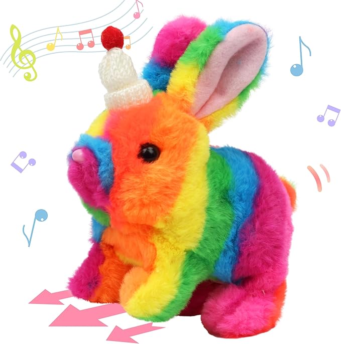 Hopearl Hopping Rabbit with Hat Interactive Electronic Pet Plush Bunny Toy with Sounds and Movements Animated Walking Wiggle Ears Twitch Nose Gift for Toddlers Birthday, Rainbow, 7''