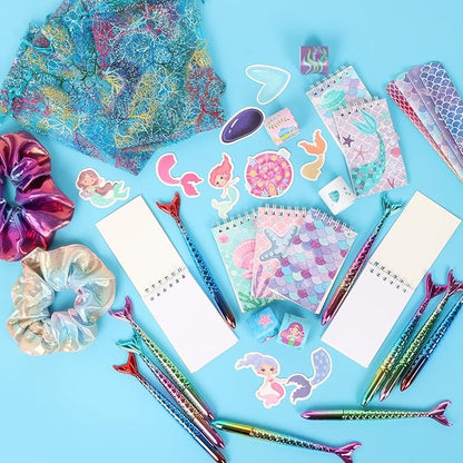 110 PCS Mermaid Party Favors for Girls Mermaid Birthday Decorations Party Supplies Include 12 Pen 12 Notepad 12 Shiny Metallic Scrunchies 12 Slap Bracelet 12 Gift Bag 50 Mermaid Sticker (Mermaid)