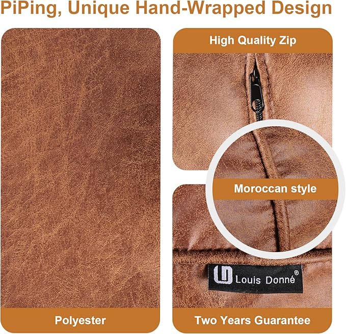 Louis Donné Unstuffed Moroccan Ottoman Pouf Cover with Waterproof Handmade Faux Decor Storage Solution for Kid Toy Footstool Pouffe Cover Replacement Balcony Indoor 21dia Chestnut Brown, ONLY Cover