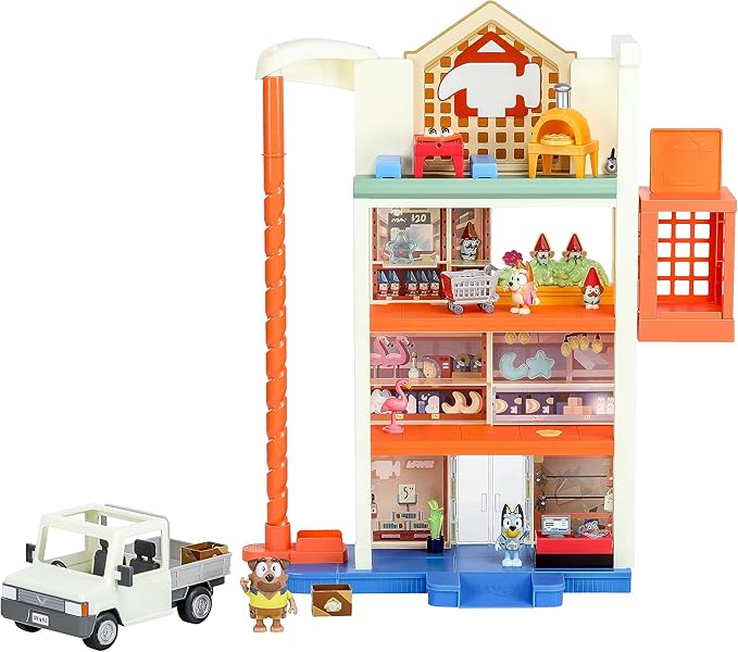 Bluey Hammerbarn Shopping Center Mega Set, 4 Level, 22" Tall Playset with Working Lift and Trolley Return, Lights and 45+ Sounds. 3 Figures. 15 Accessories & Tradie Ute Vehicle | Amazon Exclusive
