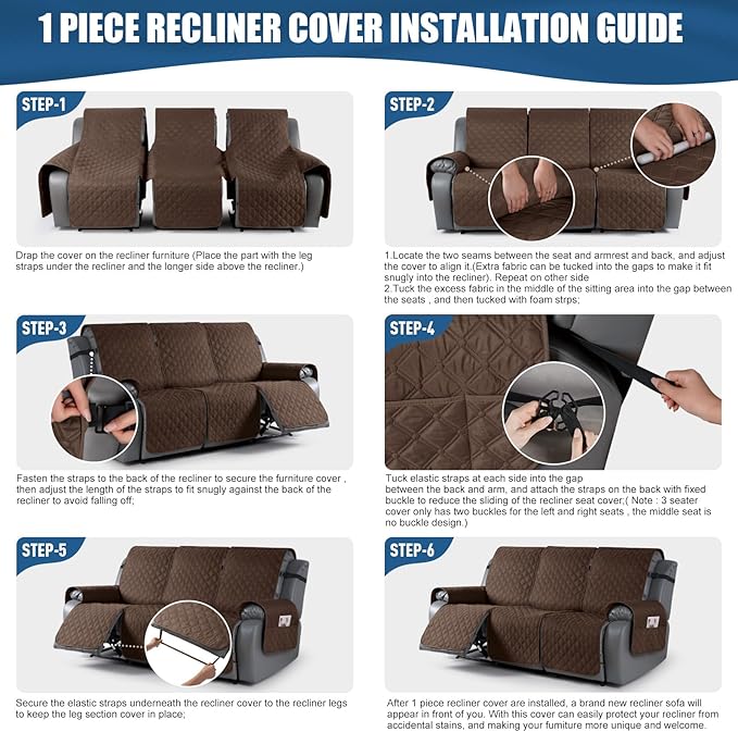 TAOCOCO 100% Waterproof Recliner Covers, Recliner Sofa Covers with Leg Straps, Reversible Recliner Couch Cover for Reclining Chair, Washable Couch Protector for Pets Kids(3 Seater, Brown)