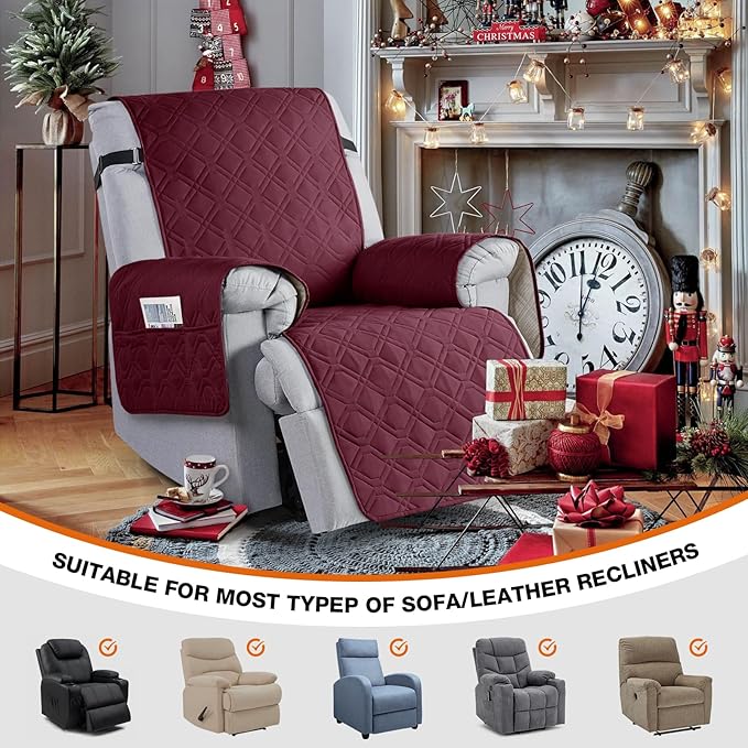 VANSOFY 100% Waterproof Recliner Chair Covers, Recliner Cover Non-Slip Dog Chair Cover Furniture Protector Washable Slipcover with Pocket, Elastic Straps for Pets, Dogs(Burgundy, 23.6")