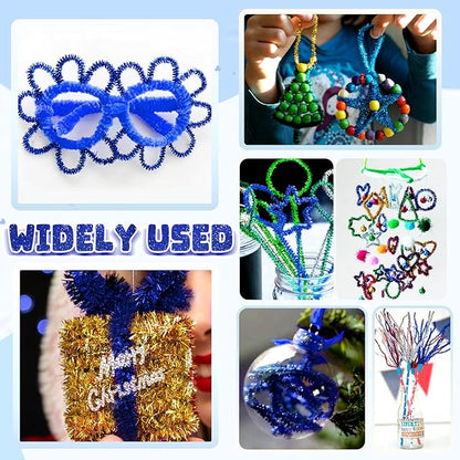 TOAOB 100pcs Christmas Glitter Pipe Cleaners Blue Metallic Pipe Cleaners Craft Supplies 6mm x 12 Inch Chenille Stems Pipe Cleaners for Art DIY Crafts Decorations