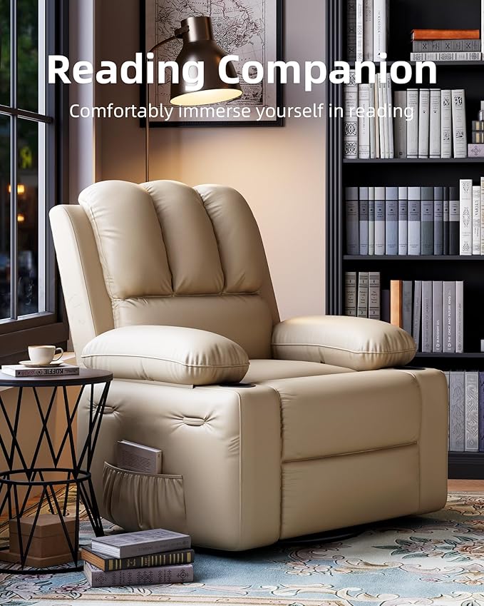 27'' Leather Recliner Chair Oversized, Overstuffed Manual Recliner Chair, Single Sofa for Adults, with Cup Holder and Side Pockets, for Living Rooms, Max Weight 400 lbs, Creamy