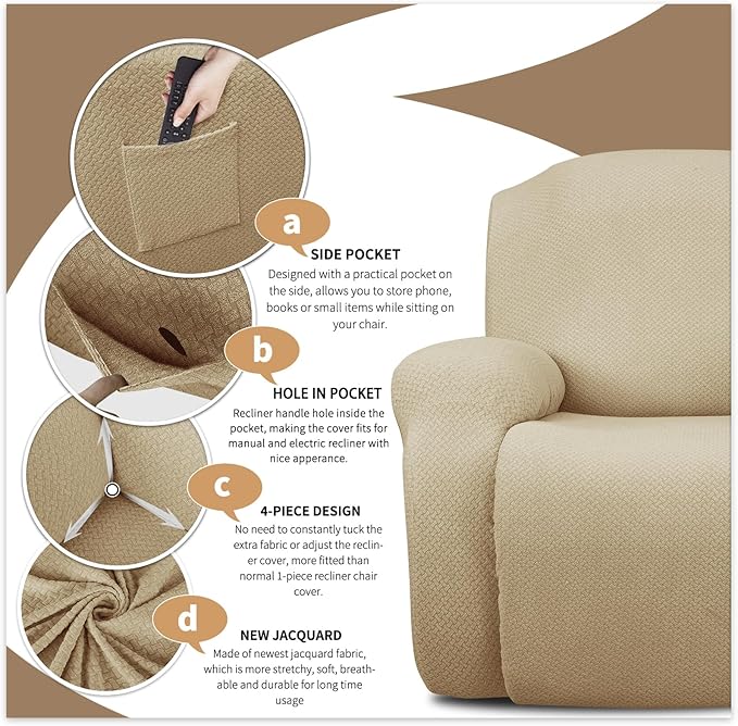 JIVINER 8-Piece Recliner Sofa Covers Stretch Jacquard Couch Covers for Recliner Slipcovers for Living Room 3 Cushion Soft Recliner Protector with Pocket (Sofa Recliner, Light Beige)