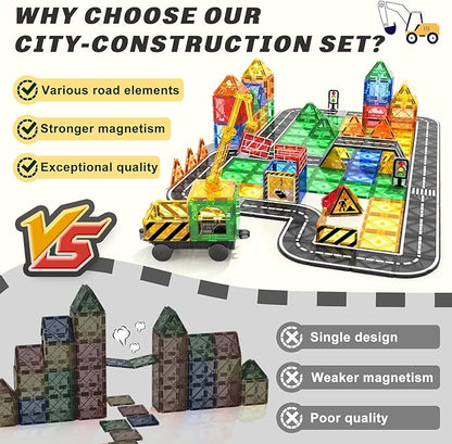 Kids Games Magnetic Tiles Road Set with Extendable Magnetic Crane, City Construction Building Toys for Toddlers STEM Preschool Toys Ages 4-6 5-7, Gifts for 3+ Year Old Boys Girls Kids Toys with Car