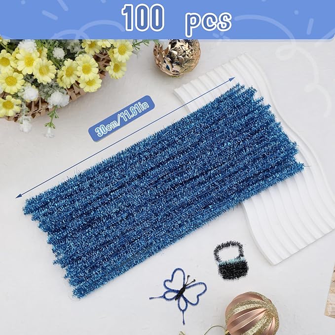 Hssugi Pipe Cleaners, 100PCS Christmas Pipe Cleaners Craft Supplies, Glitter Lake Blue Pipe Cleaners Bulk Fuzzy Sticks for DIY Art and Craft Projects Home Decoration