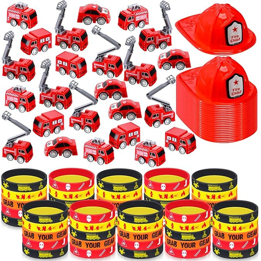 Poen 100 Pieces Mini Fire Engine Toy Trucks Firefighter Chief Soft Plastic Hat Silicone Bracelets Firefighter Birthday Party Supplies Fire Truck Toy Party Favor for Kids Boys Girls