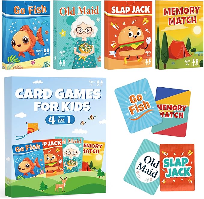 Card Games for Kids Toddlers,Go Fish,Old Maid,Slap Jack and Memory Match,4 Decks in 1 Pack,Fun Educational Gard Games for Family Game Night Table Games,Great Easter Basket Stuffers and Gifts