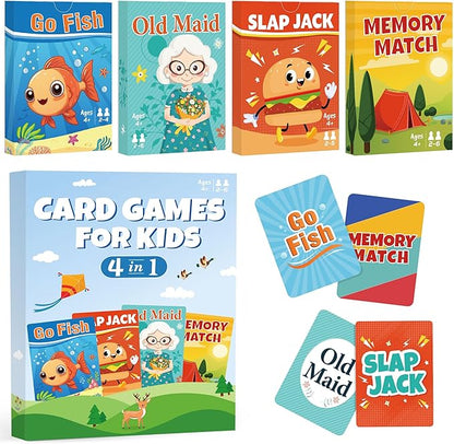 Card Games for Kids Toddlers,Go Fish,Old Maid,Slap Jack and Memory Match,4 Decks in 1 Pack,Fun Educational Gard Games for Family Game Night Table Games,Great Easter Basket Stuffers and Gifts