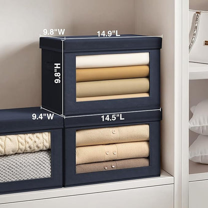 Homsorout Foldable Storage Boxes with Clear Window - Clothes Organizers and Storage, Decorative Bins with Lid, Fabric Storage Cube, Storage Baskets for shelves, Yarn, Home, Navy blue, 3 Pack