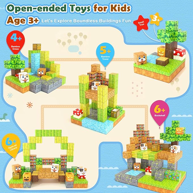 Gooidea Large Magnetic Blocks 1" Building Cubes Toys for Kids Ages 4-6 5-7 8-12, Magworld Bamboo House Building Craft Construction Toy Set, Creative Sensory Toys Game Gift for 3+ Year Old Boys Girls
